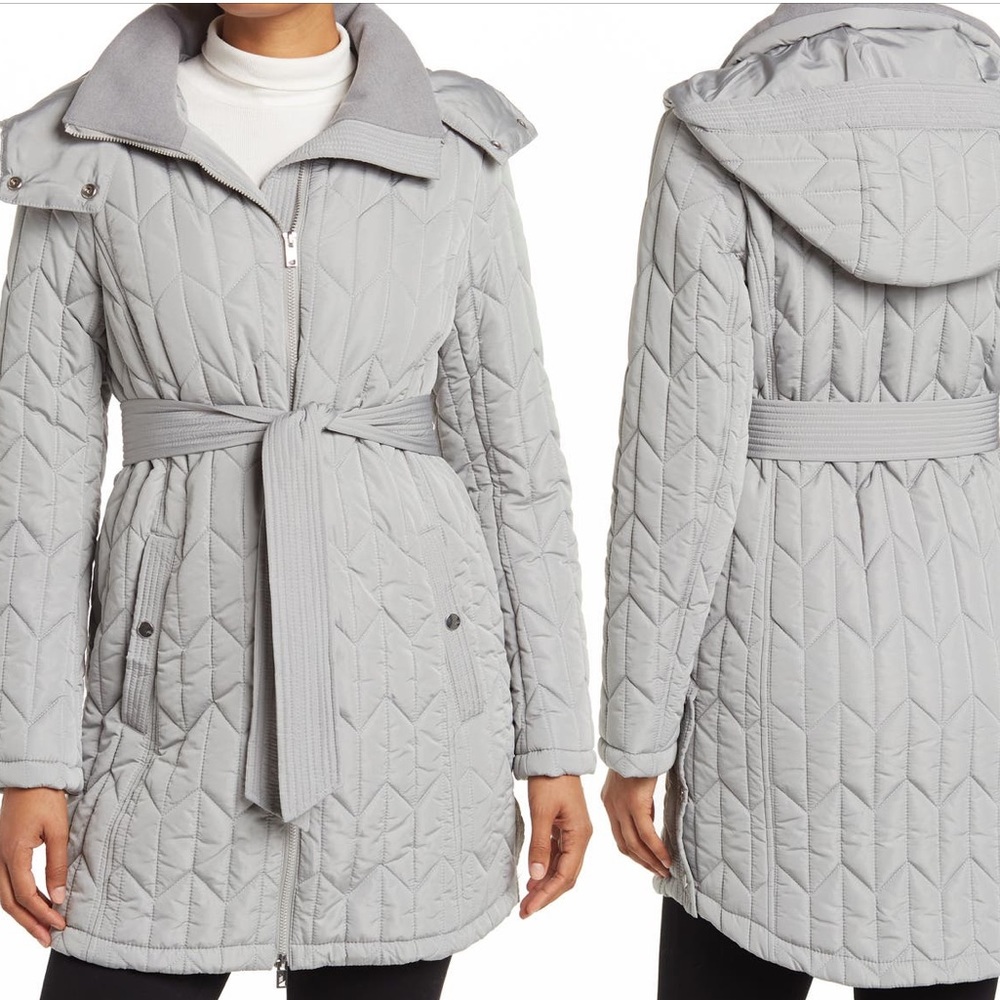 Andrew Marc Lyness Herringbone Quilted Winter Puffer Belted Coat in Cement